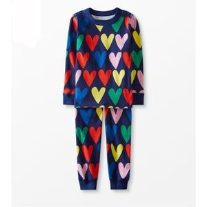 Hanna Andersson Long John Pajama Set Navy Happy Hearts 130 (US 8)